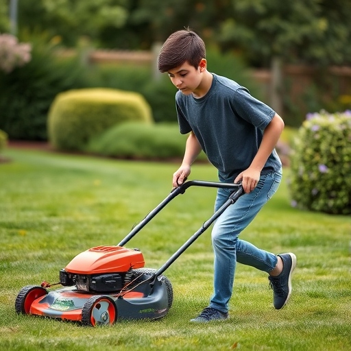 Morgan mowing the lawn
